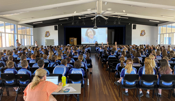 st-luke-593x343 Students seated in school hall watching Digital Thumbprint Workshop at Mount Ridley P-12 College in Victoria.