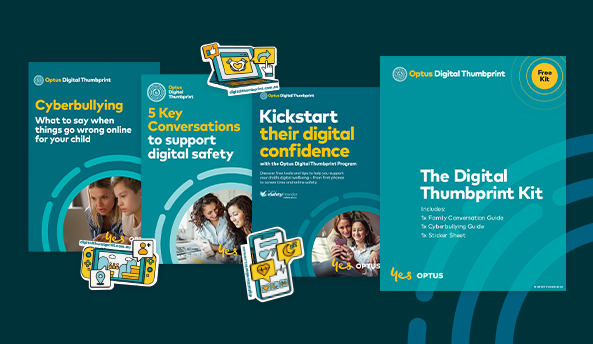 Optus Digital Thumbprint Kit folder with three family guides and some fun stickers coming out of it.